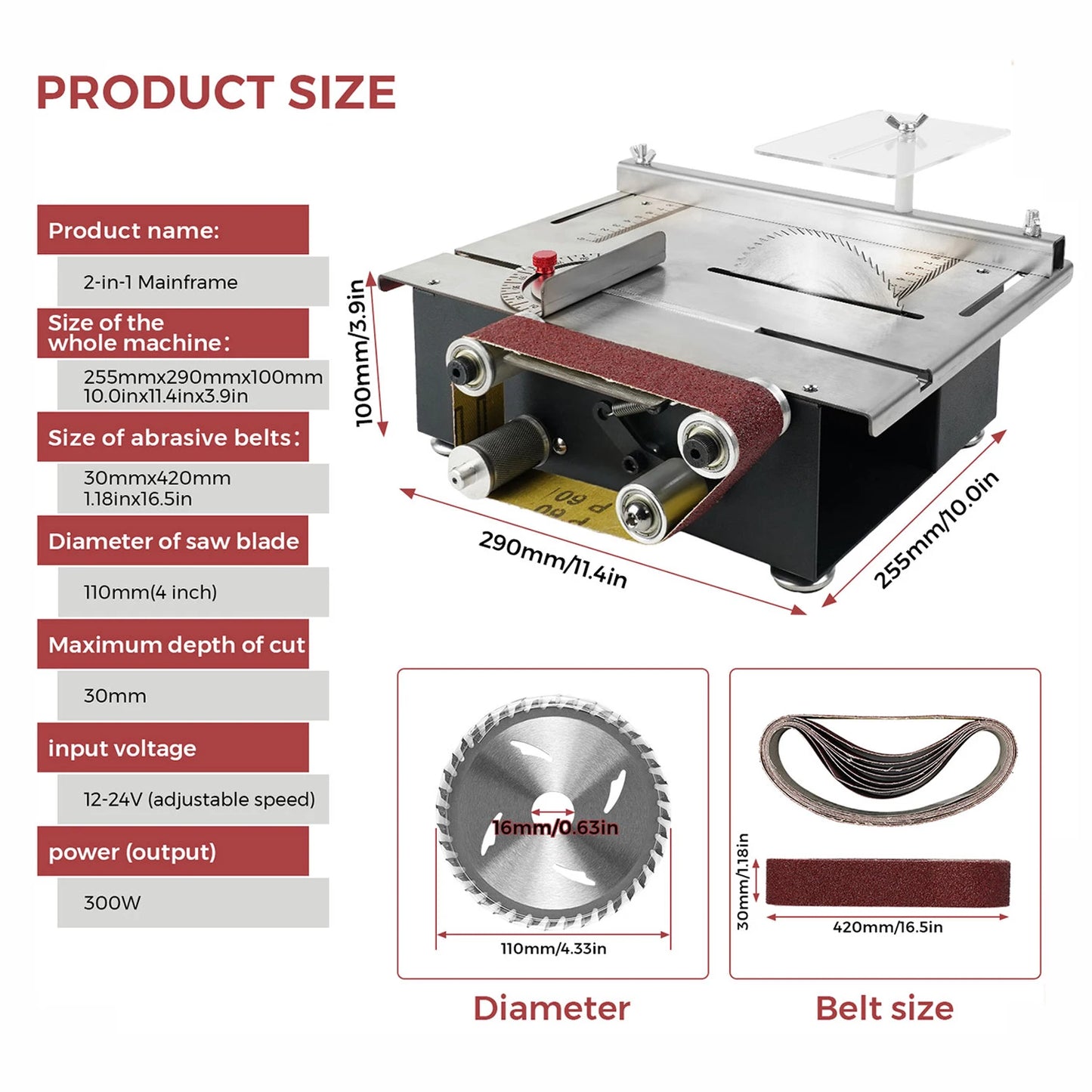 300W Bench Saw & Belt Sander 33mm Cutting Depth DIY Woodworking Tools for Precision Cutting Sanding Benchtop Power Tool
