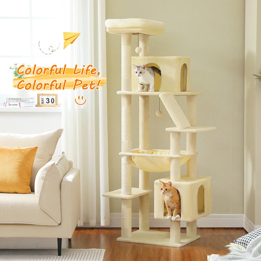 Cat Tree for Large Cats, Tall Cat Tower for indoor Cats Multi-level Cat House Furniture with 2 Big Condo Pad Bed Scratching Post