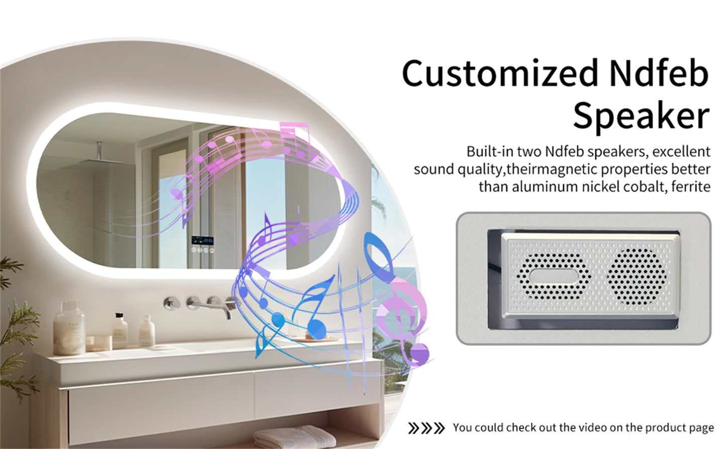 Large Bathroom Mirror Oval LED Vanity Mirror Wall Mounted w Bluetooth, Digital Display, Back Front Lit, Anti Fog for Hotel Hall
