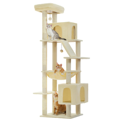 Cat Tree for Large Cats, Tall Cat Tower for indoor Cats Multi-level Cat House Furniture with 2 Big Condo Pad Bed Scratching Post