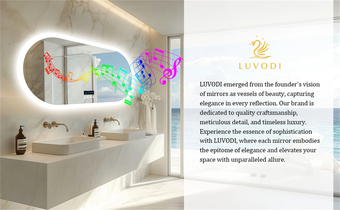 Large Bathroom Mirror Oval LED Vanity Mirror Wall Mounted w Bluetooth, Digital Display, Back Front Lit, Anti Fog for Hotel Hall