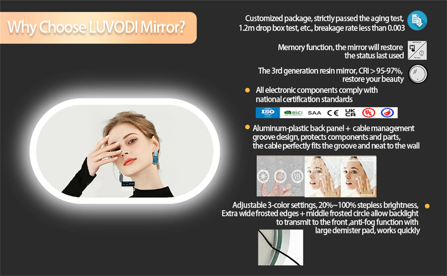 Large Bathroom Mirror Oval LED Vanity Mirror Wall Mounted w Bluetooth, Digital Display, Back Front Lit, Anti Fog for Hotel Hall