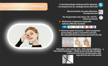 Large Bathroom Mirror Oval LED Vanity Mirror Wall Mounted w Bluetooth, Digital Display, Back Front Lit, Anti Fog for Hotel Hall