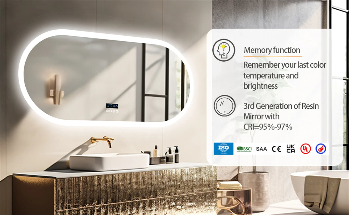 Large Bathroom Mirror Oval LED Vanity Mirror Wall Mounted w Bluetooth, Digital Display, Back Front Lit, Anti Fog for Hotel Hall