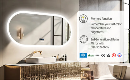 Large Bathroom Mirror Oval LED Vanity Mirror Wall Mounted w Bluetooth, Digital Display, Back Front Lit, Anti Fog for Hotel Hall