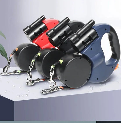 3in1 Double Head Automatic retractable Dog leash Flashlight Poop Bag Dispenser Reflective Pet Cat Extendable Puppy Traction Rope