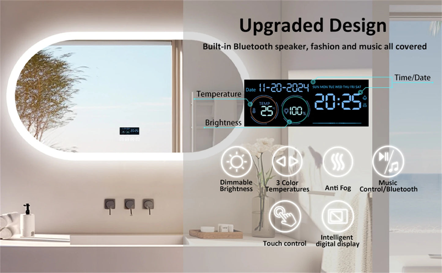Large Bathroom Mirror Oval LED Vanity Mirror Wall Mounted w Bluetooth, Digital Display, Back Front Lit, Anti Fog for Hotel Hall